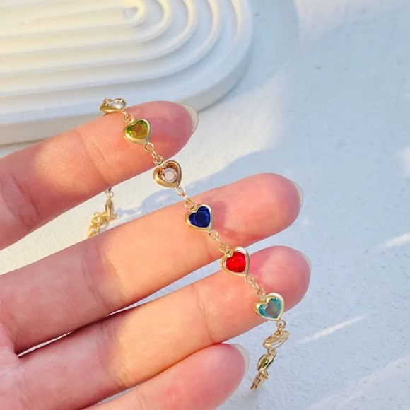 3/$35 14k Gold Plated Love Heart Wrist Chain Bracelet Cubic Zirconia Diamond - Picture 7 of 8